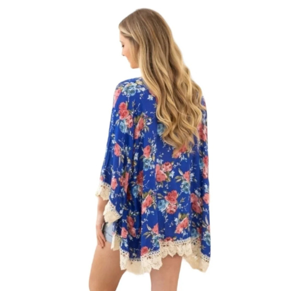 Umgee Floral Open Front Kimono Lace Trim Size Small Boho Festival Cottagecore - Picture 2 of 9